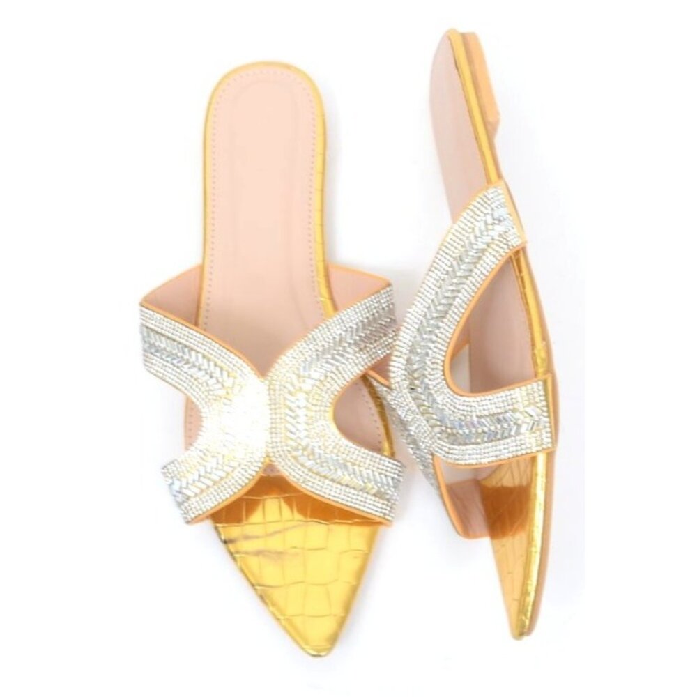 NEW Metallic Gold Rhinestones Sparkly Pointed Toe Flat Sandals Formal Flat US 10